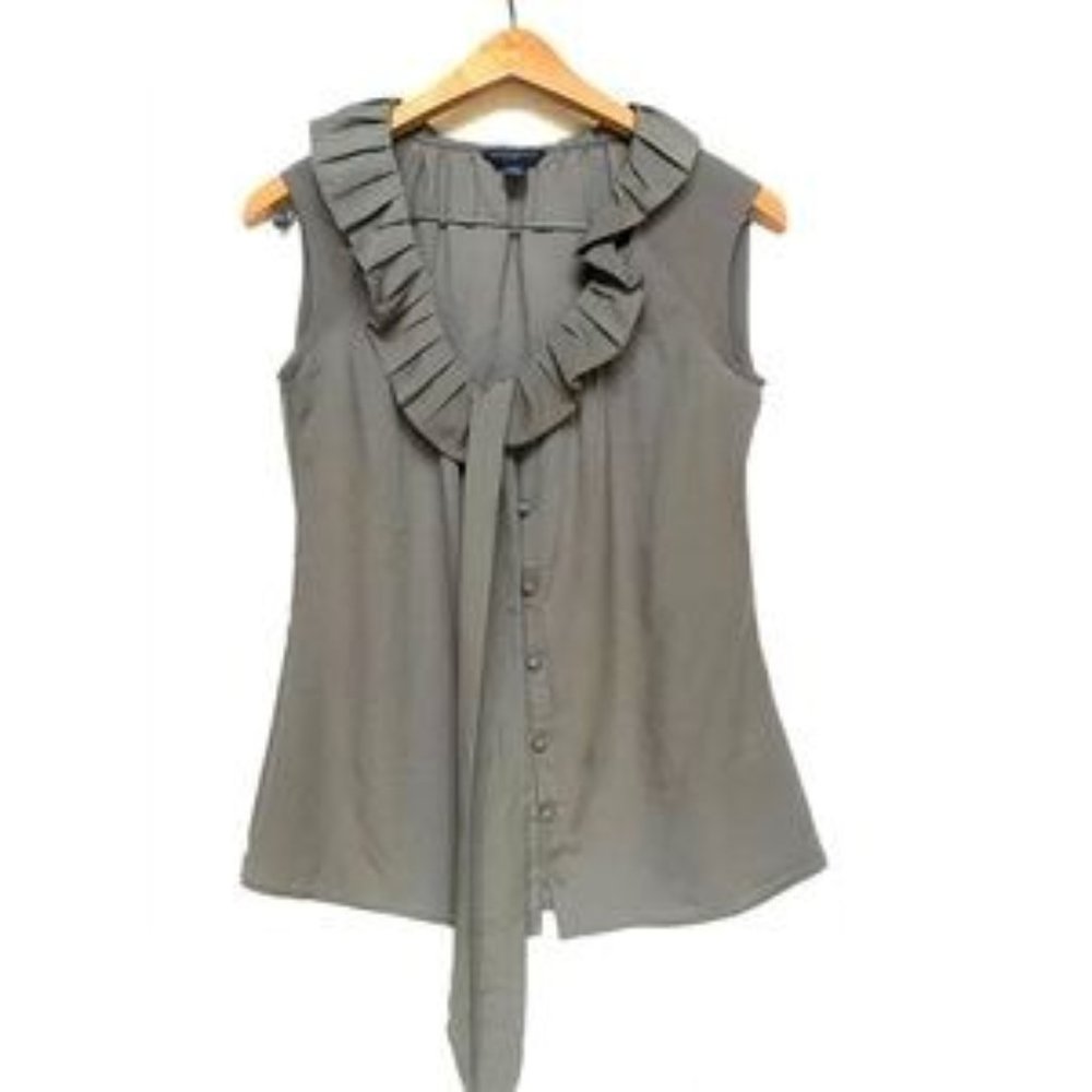 Banana Republic Sleeveless Blouse with Ruffled Collar Front, Olive, Sz XS, EUC